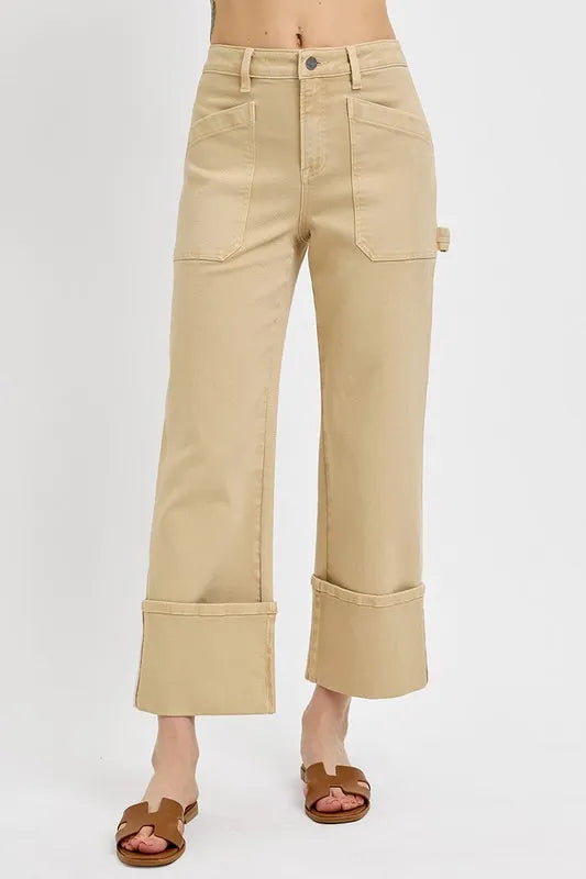RISEN Full Size High Rise Wide Straight Cuffed Patch Jeans Plus Size