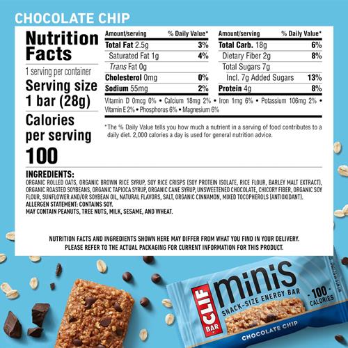 Clif Bar Minis - Chocolate Chip - Made With Organic Oats - 4G Protein - Non-Gmo - Plant Based - Snack-Size Energy Bars - 0.99 Oz. (20 Pack)