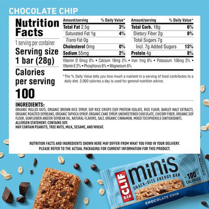 Clif Bar Minis - Chocolate Chip - Made With Organic Oats - 4G Protein - Non-Gmo - Plant Based - Snack-Size Energy Bars - 0.99 Oz. (20 Pack)