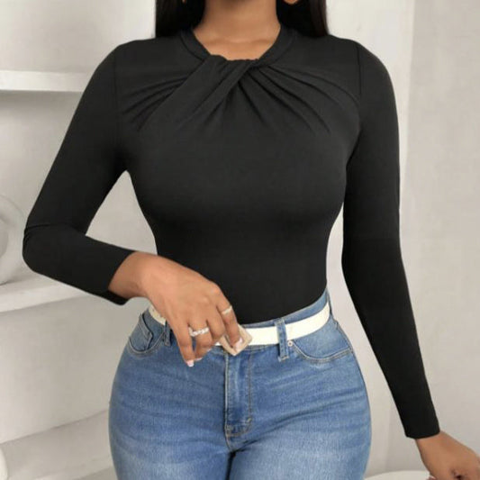 Lightweight Polyester Pleated Collar Slim Fit Long Sleeve Top