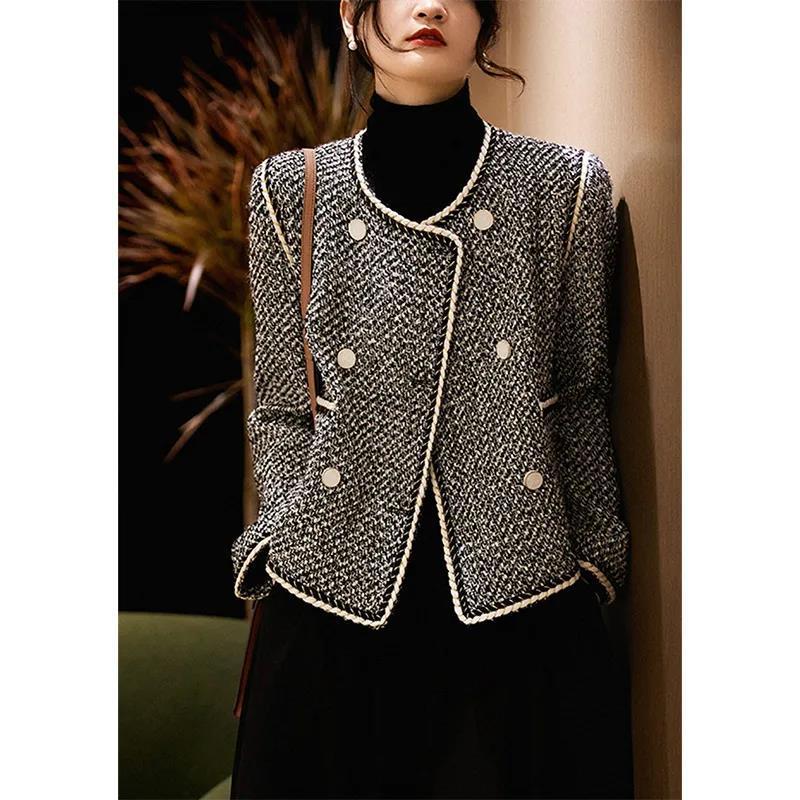 Black White Tweed Double-Breasted Cropped Blazer - Short Coat
