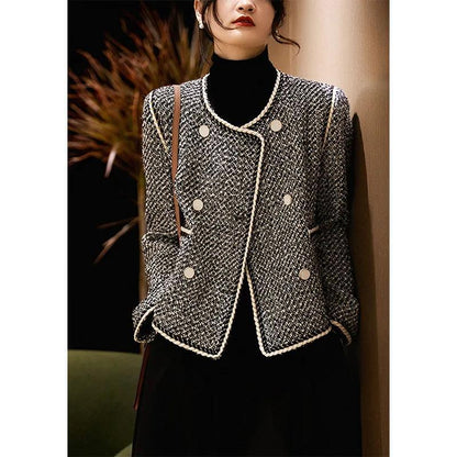 Black White Tweed Double-Breasted Cropped Blazer - Short Coat