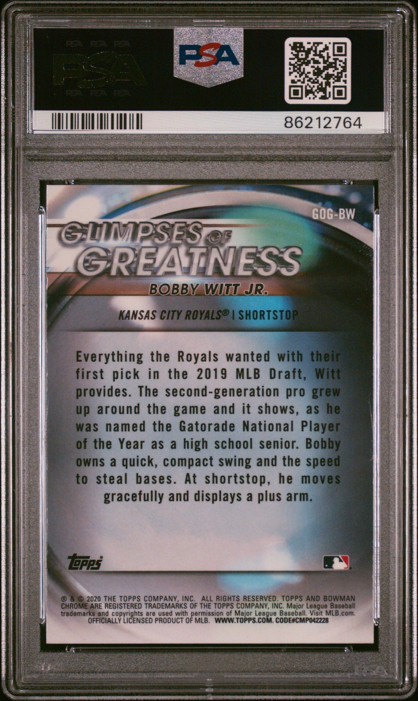 Graded 2020 Topps Bowman Draft Bobby Witt Jr. #GOGBW Glimpses of Greatness Rookie RC Baseball Card PSA 10 Gem Mint