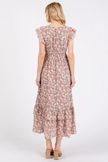 Mittoshop Flower Print Ruffle Cap Sleeve V-neck Midi Dress