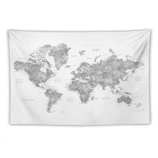 Grayscale Watercolor World Map with Cities Tapestry