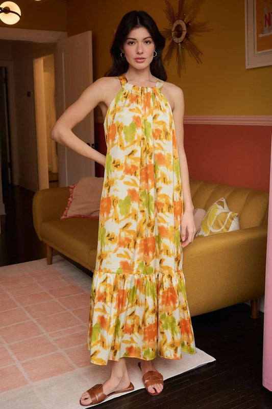 Mittoshop Watercolor Print Halter Neck Satin Maxi Dress