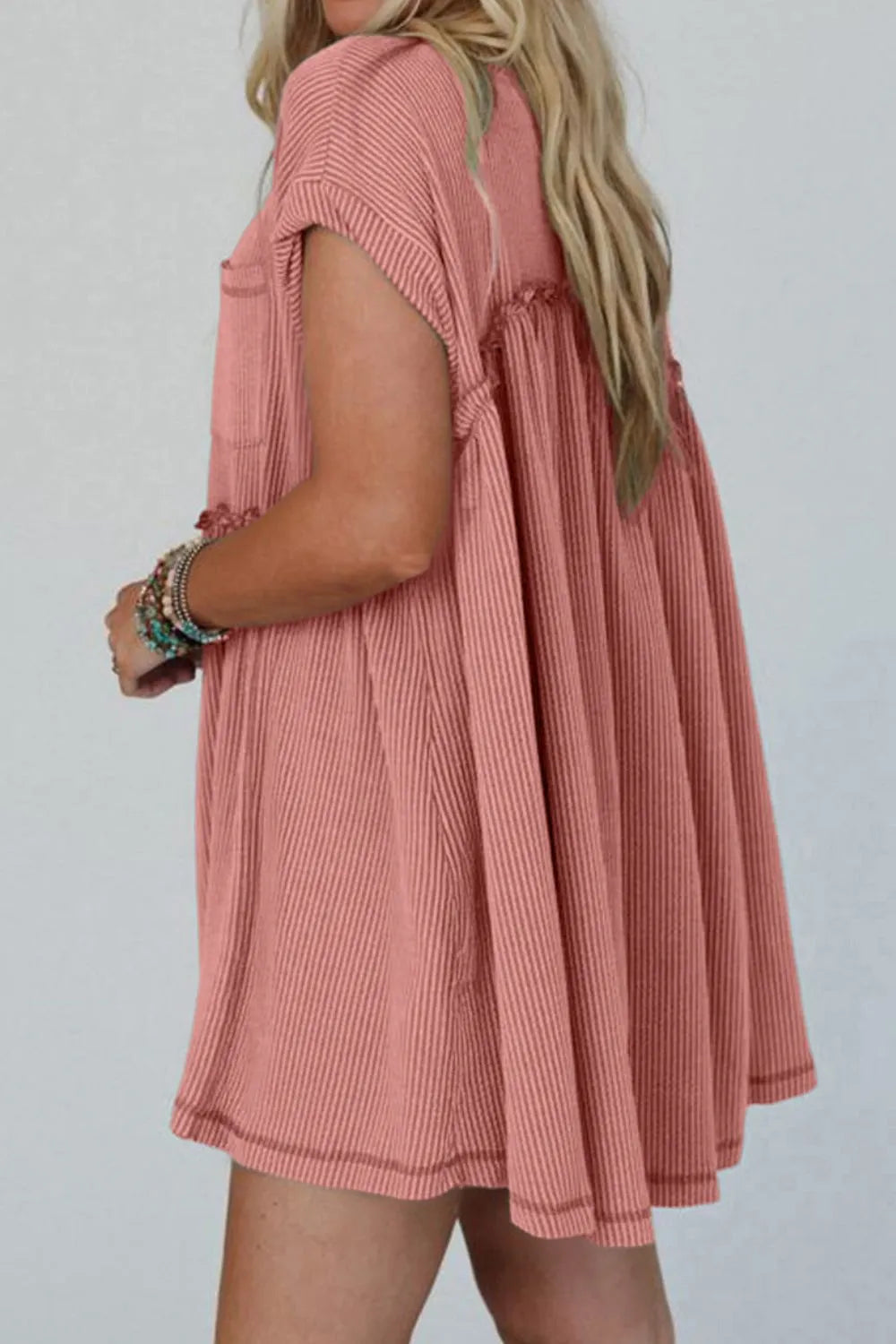 Corded Knit Textured Patched Pocket Frilled Swing Mini Dress with Pockets