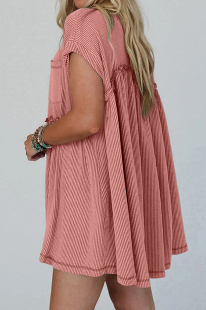 Corded Knit Textured Patched Pocket Frilled Swing Mini Dress with Pockets