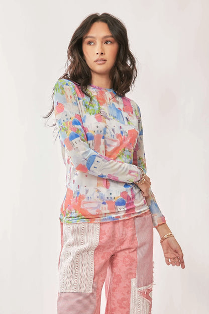 Davi & Dani Multi Printed Mesh Round Neck Long Sleeve Top