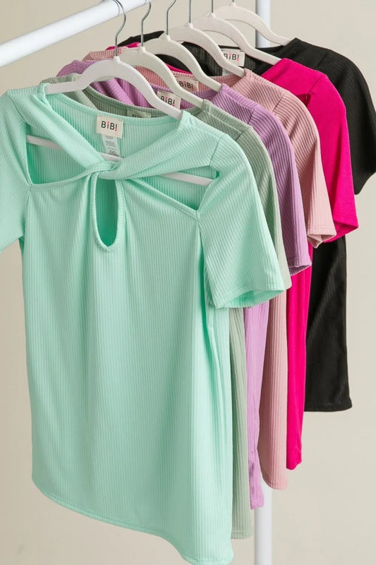BiBi Rib Knit with Cut Out and Front Twist Detailed Top