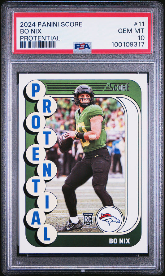 Graded 2024 Panini Score Bo Nix #11 Protential Rookie RC Football Card PSA 10 Gem Mint
