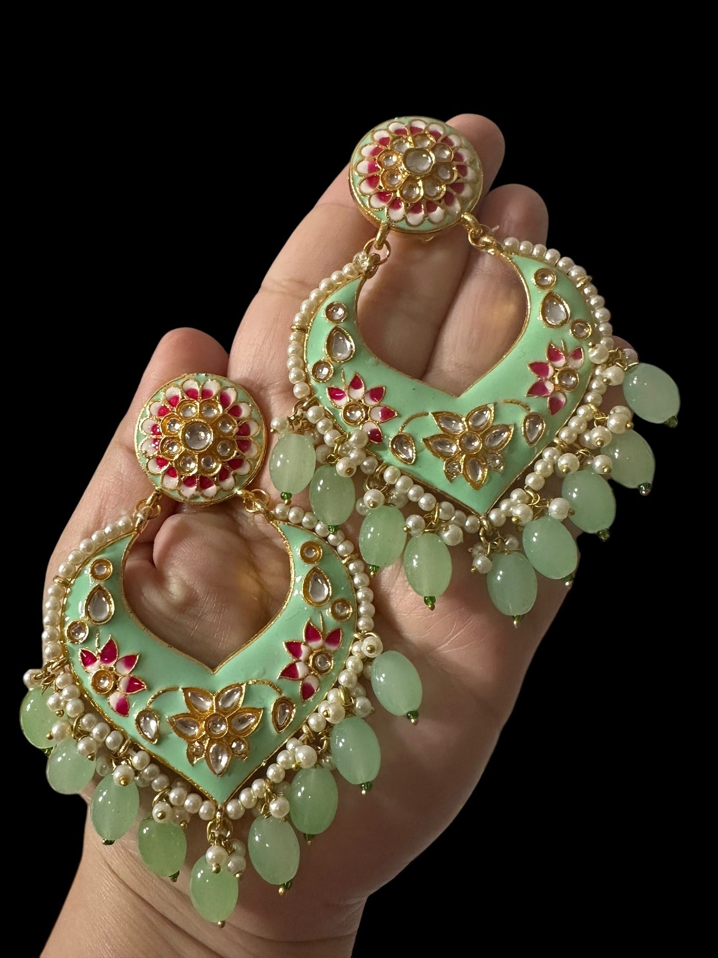 DER798 large sized kundan earrings- light green  ( READY TO SHIP )