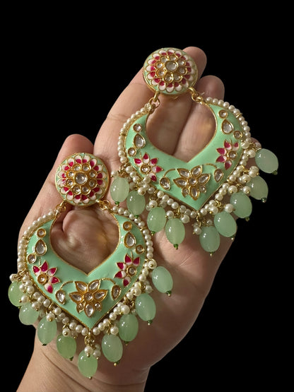 DER798 large sized kundan earrings- light green  ( READY TO SHIP )