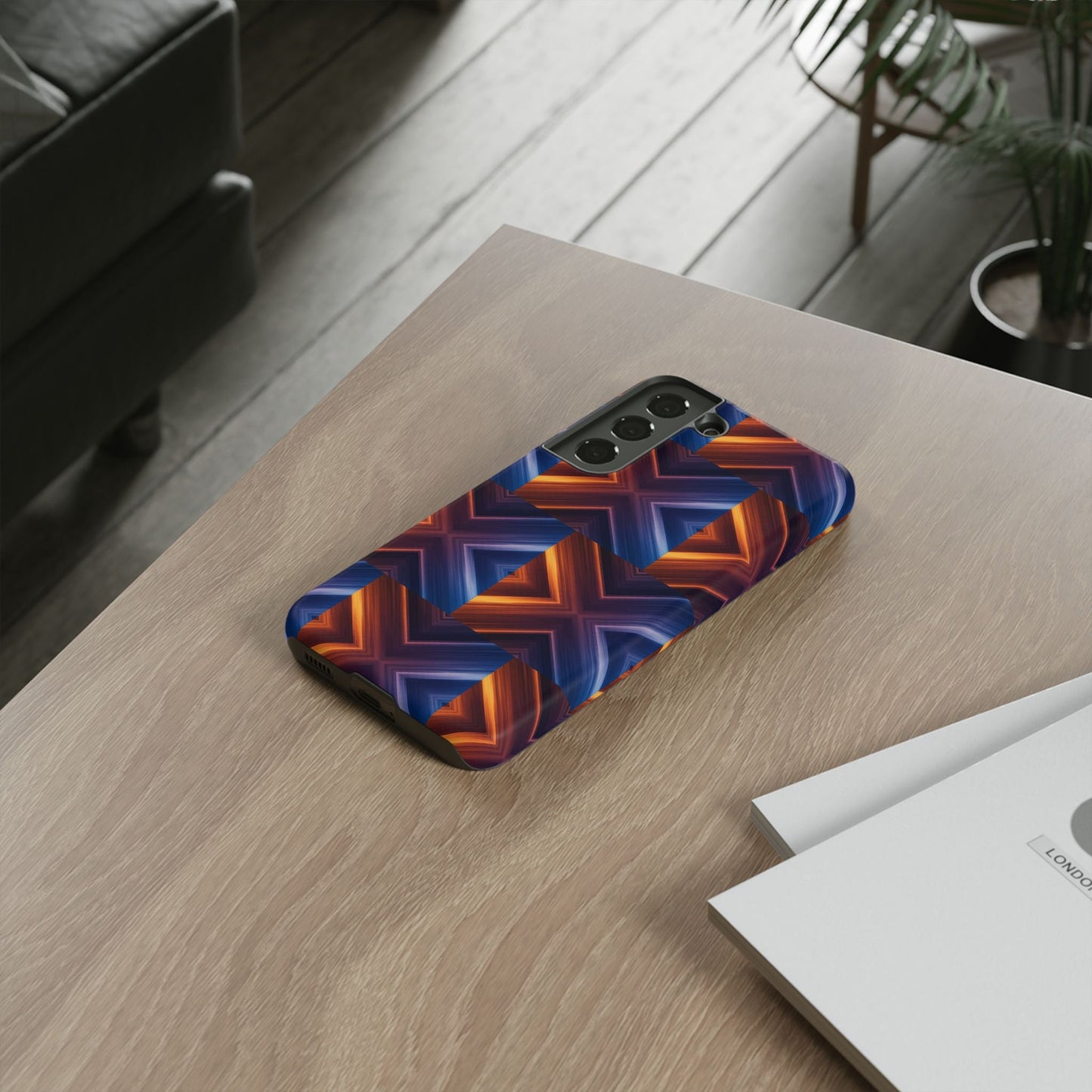 Stylish Tough Phone Case With Blue & Orange Abstract Design