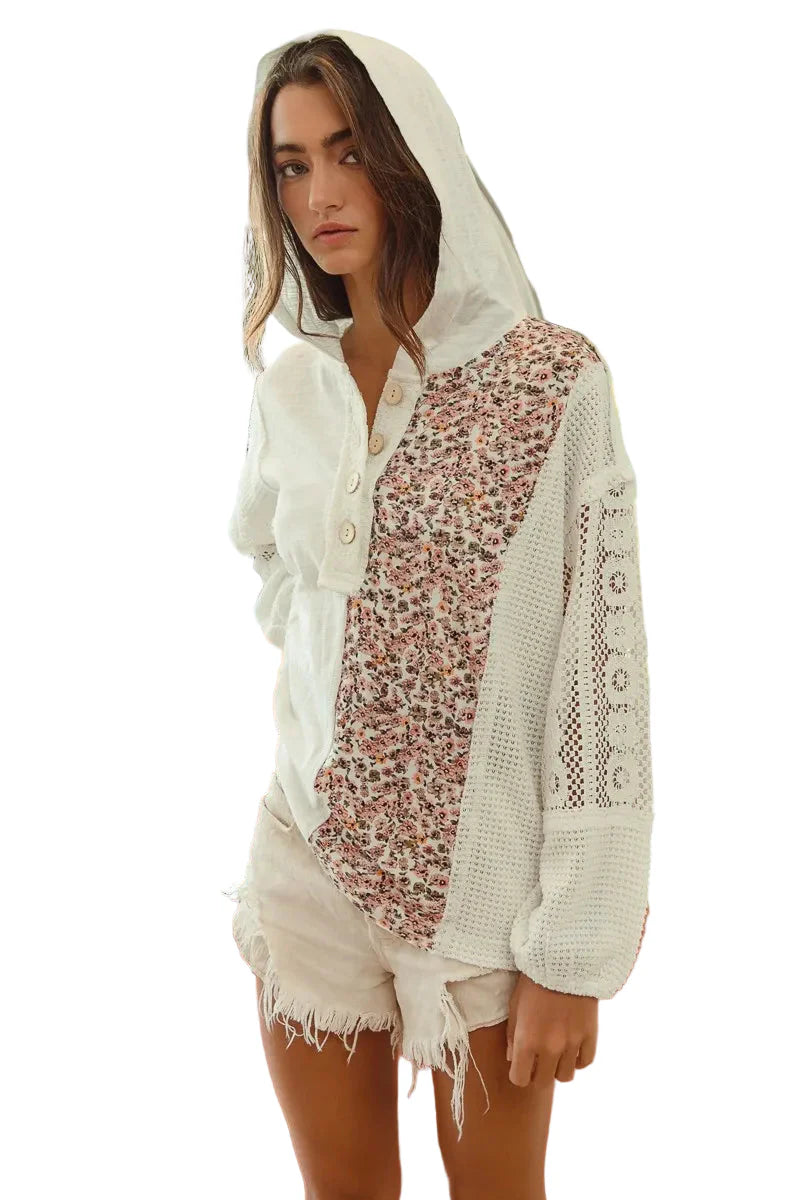 Garden Naked Slob Jersey with Lace Combo Buttoned Hoodie Top