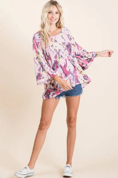 BiBi Tie Dye Print Terry A Line Top with Bell Sleeves