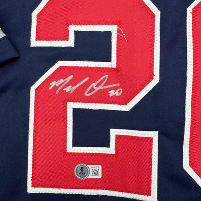 Framed Autographed/Signed Marcell Ozuna 35x39 Atlanta Blue Baseball Jersey Beckett BAS COA