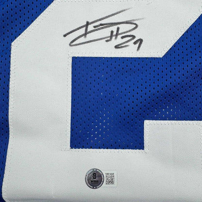 Framed Autographed/Signed Tyrone Tracy Jr. 35x39 New York Blue Football Jersey Beckett BAS COA