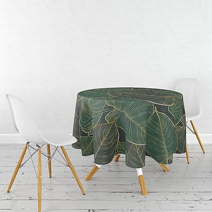 chiinvent Green Leaves Round Tablecloth, Tropical Palm Leaf Luxury Gold and Natural Waterproof Table Covers for Dining Room Kitchen Living Room, 60x60 Inches