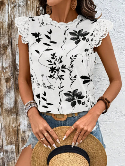 Lace Detail Printed Cap Sleeve Blouse