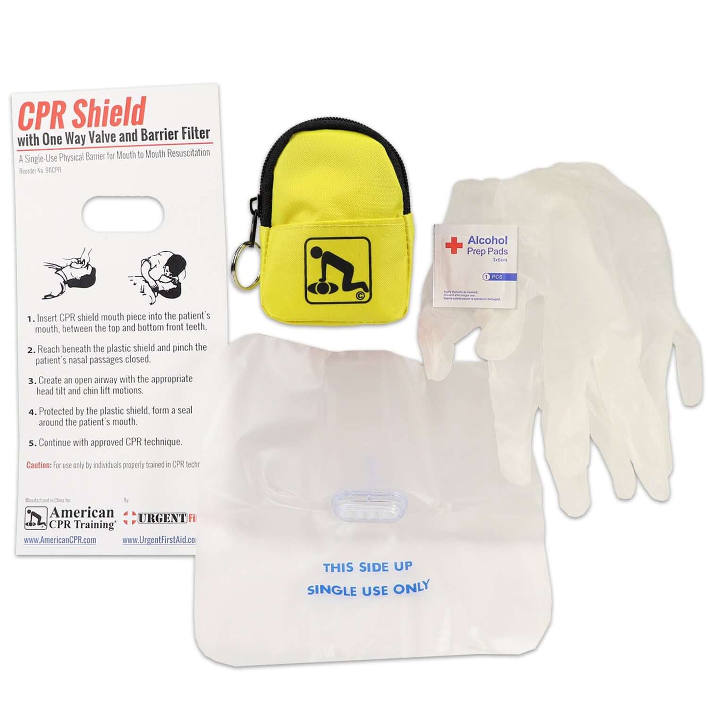 CPR Yellow Beltloop Keychain Backpack with Faceshield, Gloves, and Cleansing Wipes