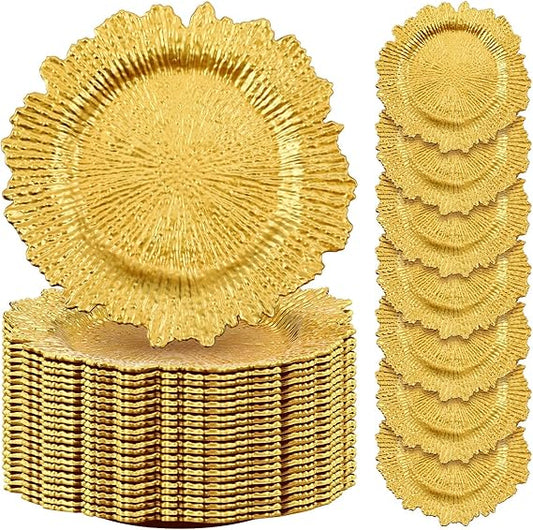 50 Pcs 13 Inch Charger Plates Bulk Plastic Plate Chargers with Floral Reef Design Round Ruffled Rim Dinner Charger Plates for Dinner Wedding Party Event Table Setting Decoration(Gold)