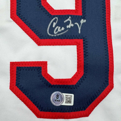 Framed Autographed/Signed Carlos Baerga 35x39 Cleveland White Baseball Jersey Beckett BAS COA