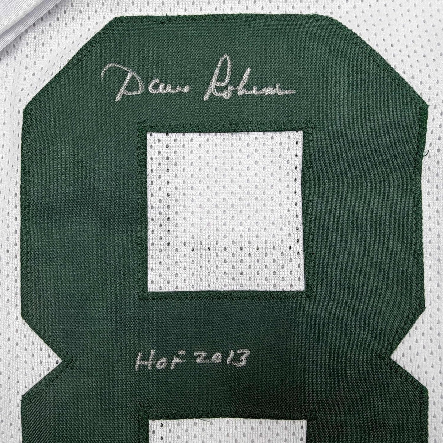 Framed Autographed/Signed Dave Robinson 35x39 HOF 13 Green Bay White Football Jersey JSA COA