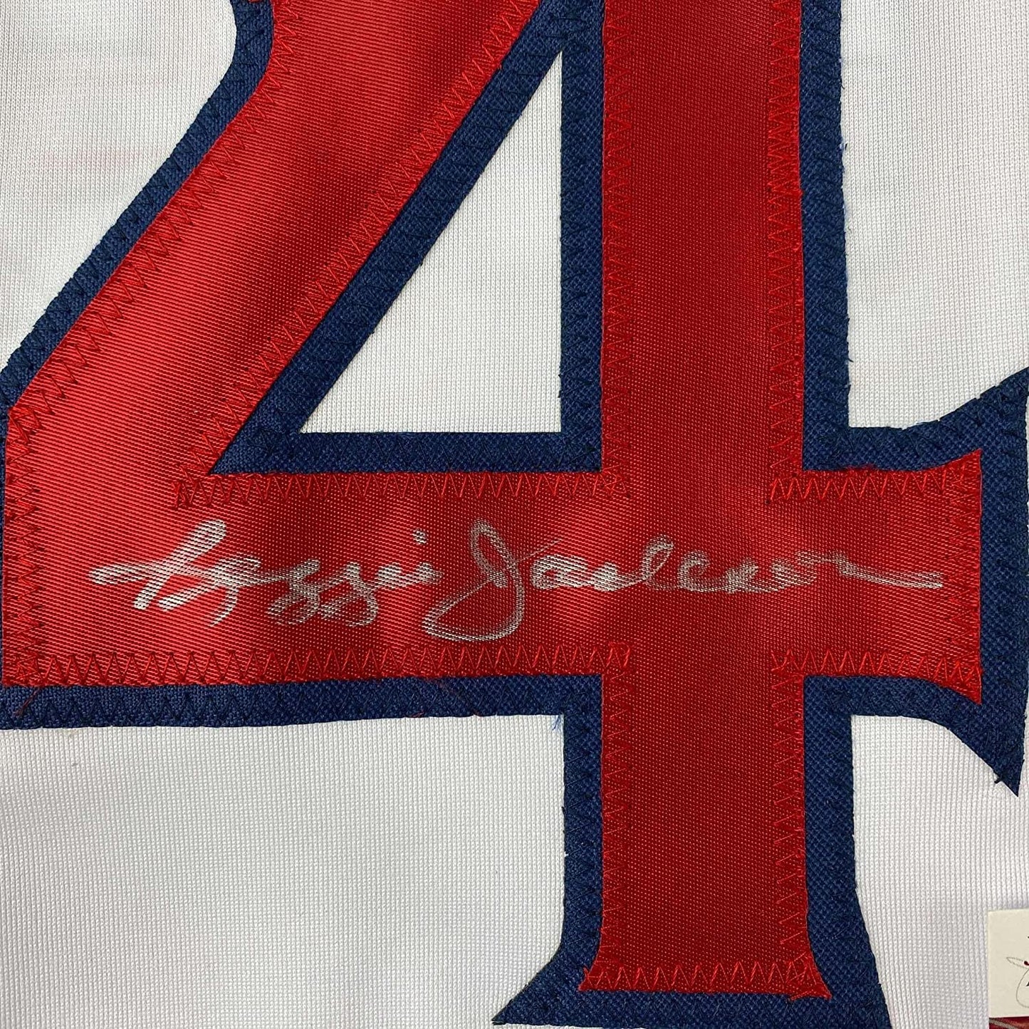 Framed Autographed/Signed Reggie Jackson 35x39 California Los Angeles White Baseball Jersey JSA COA