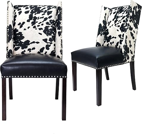 Sole Designs Rexford Collection Wingback Dining Chairs Set of 2 with Faux Leather Seat, Cow Print Fabric Upholstery, and Stylish Nailhead Trim, Fully Assembled Accent Furniture, Black