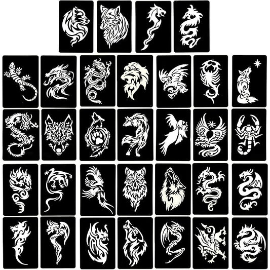 4 Sheets Temporary Tattoo Stencils, 32pcs Animal Patterns Henna Tattoo Stencil Kit Temporary Glitter Airbrush Tattoo Stencils Arabian Tattoo Stickers for Face Body Paint Art