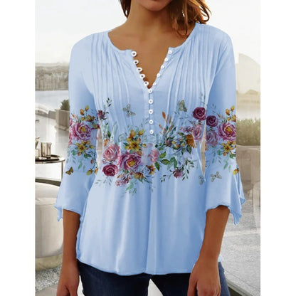 Floral V-Neck Pleated Top - 3/4 Sleeve Button Front Blouse
