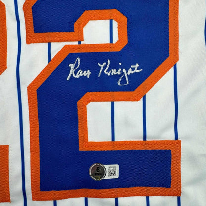 Framed Autographed/Signed Ray Knight 35x39 New York Pinstripe Baseball Jersey Beckett BAS COA