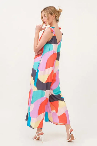 And The Why Tied Shoulder Straps Wide-Leg Geo Print Jumpsuit
