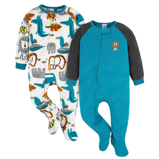 Gerber Baby Boys' Toddler Loose Fit Flame Resistant Fleece Footed Pajamas 2-Pack, Brown Lion, 6-9 Months