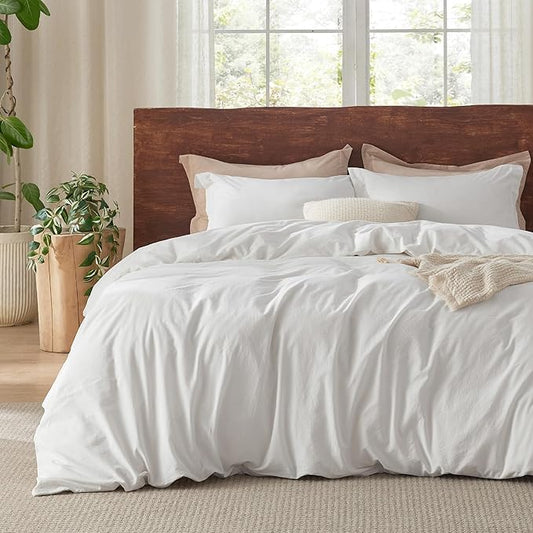 Bedsure 100% Washed Cotton Duvet Cover Queen Size - Natural White Minimalist Duvet Cover for All Seasons - GentleSoftŠܢ Plain Simple Cotton Bedding Set with 2 Pillow Shams (White, Queen, 90"x90")