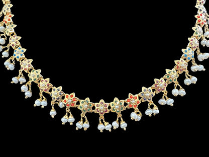 Navratan / Multicolored Jadau Necklace Set in Gold Plated Silver ( READY TO SHIP )