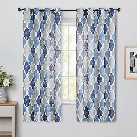 Beauoop Rings Semi Sheer Window Curtains Moroccan Tile Print Panels Geometric Linen Textured Grommet Drapes for Bedroom/Living Room/Kitchen Lattice Window Treatment Set, 50" x 45", Blue/Gray(2 Panels)