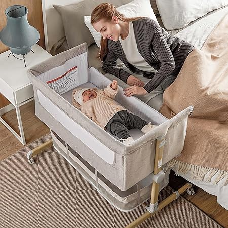 Baby Bassinet Bedside Sleeper, besrey Bedside Bassinet for Newborn Infant with Comfy Mattress, 9 Height Positions, Adjustable Bedside Crib with 360ë� Swivel Wheels Bassinet for Baby with Storage Basket