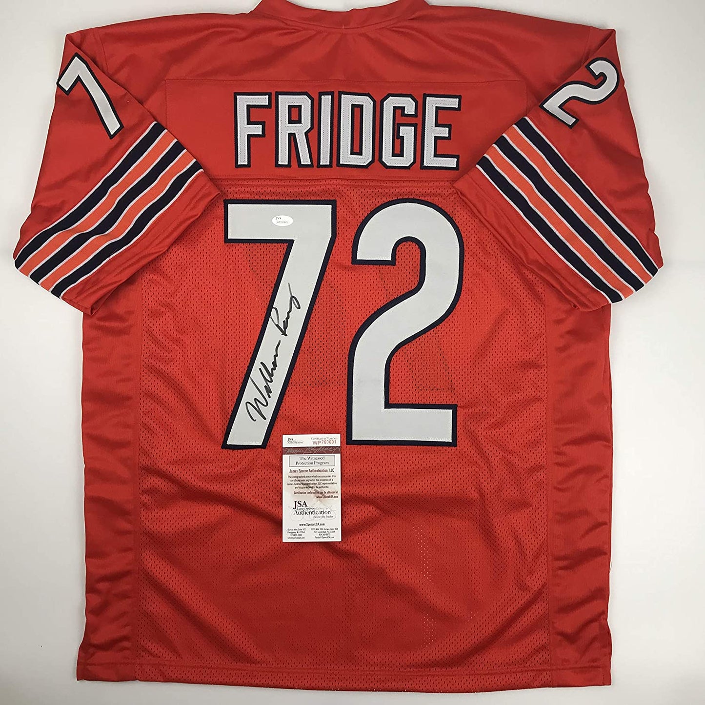 Autographed/Signed William Perry Fridge  The Refrigerator Chicago Orange Football Jersey JSA COA
