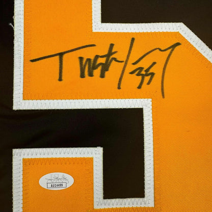 Framed Autographed/Signed Tristan Jarry 35x39 Pittsburgh Black Hockey Jersey JSA COA