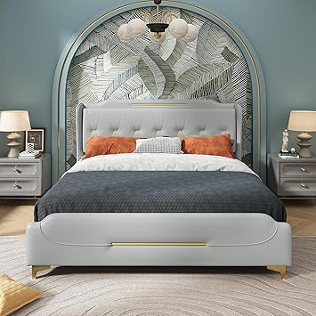 Merax Queen Size Upholstered Platform Bed with Wingback Headboard and Metal Legs, PU Leather Modeen Bed Frame with Solid Wooden Slats Support, Easy Assembly