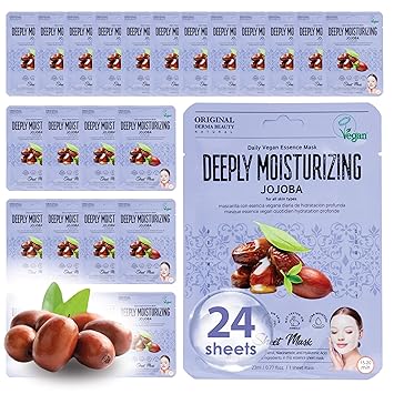 Original Derma Beauty Collagen Face Masks 24 PK Vegan Deep Moisturizing Jojoba Face Mask Skin Care Sheet Masks Set for Beauty & Personal Care Korean Face Mask
