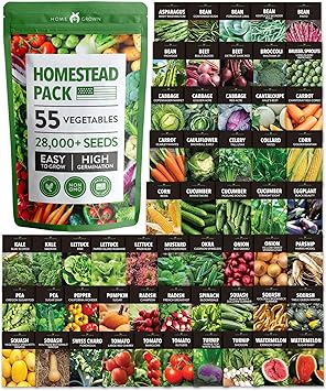 HOME GROWN 55 Vegetable Seeds Pack | Spring, Fall, Winter Heirloom Vegetables | Non-GMO Garden Survival Seed Vault - Prepper Gear Supplies | Gifts for Men Women Gardeners