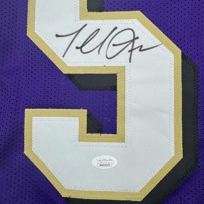 Framed Autographed/Signed Terrell Suggs 35x39 Baltimore Purple Football Jersey JSA COA #2
