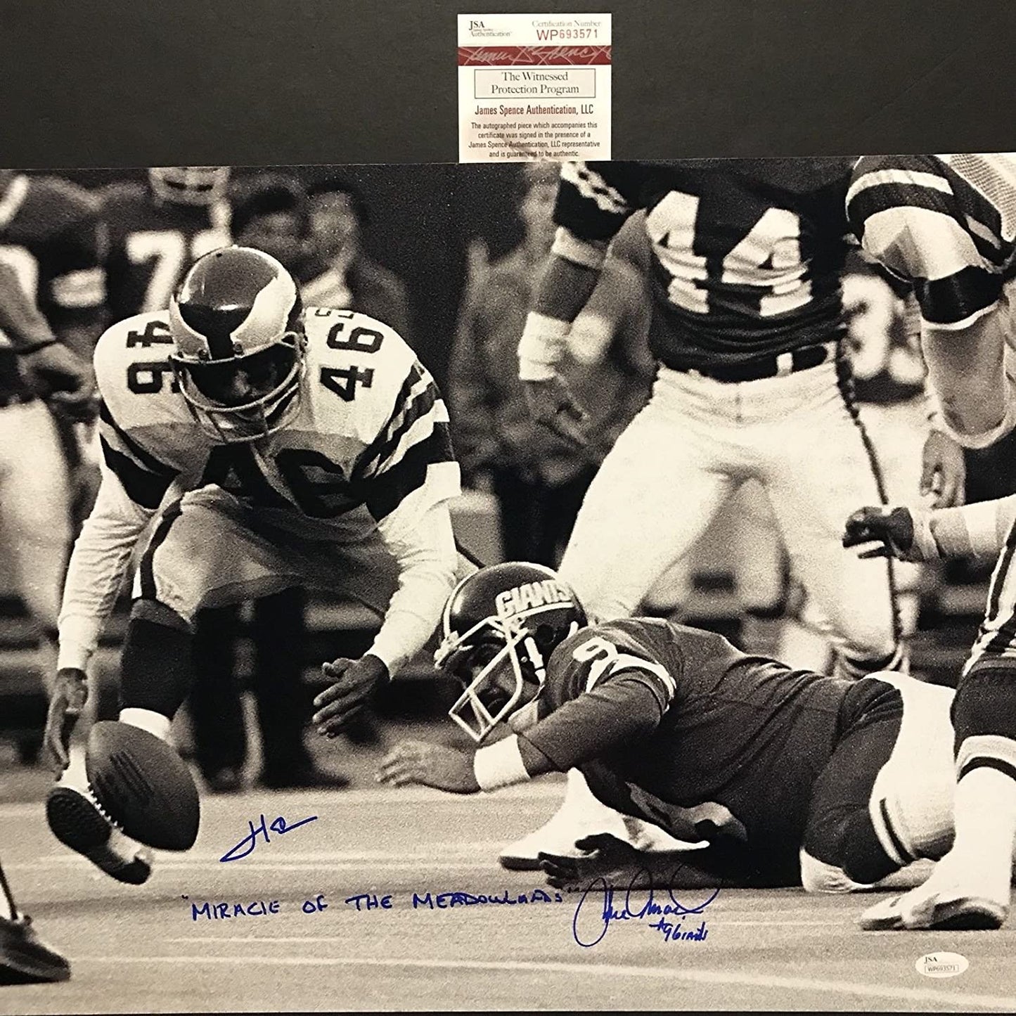 Autographed/Signed Herm Edwards & Joe Pisarcik Inscribed Miracle at the Meadowlands 16x20 Football Photo JSA COA