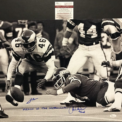 Autographed/Signed Herm Edwards & Joe Pisarcik Inscribed Miracle at the Meadowlands 16x20 Football Photo JSA COA