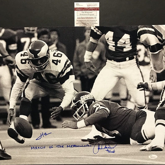 Autographed/Signed Herm Edwards & Joe Pisarcik Inscribed Miracle at the Meadowlands 16x20 Football Photo JSA COA