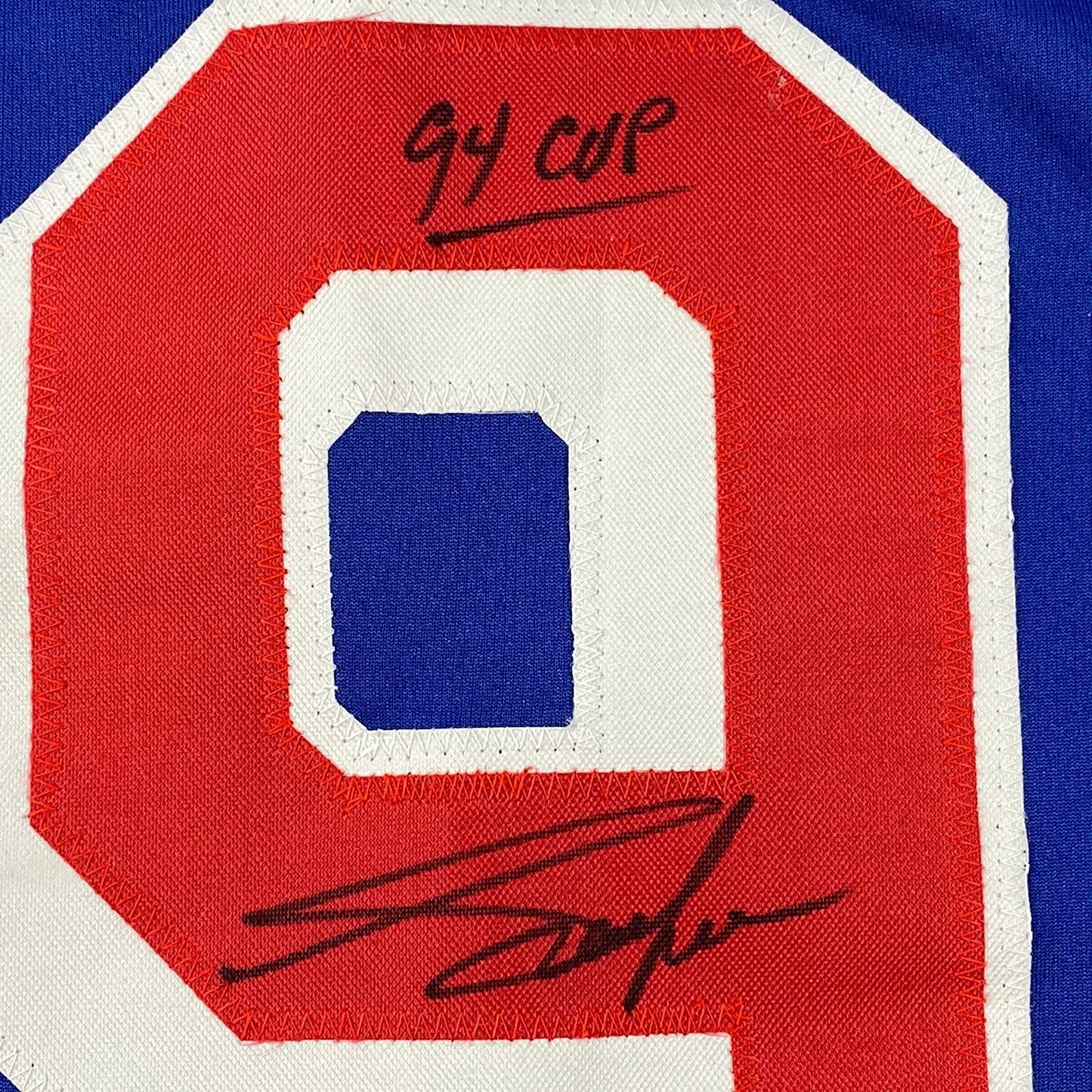 Framed Autographed/Signed Adam Graves 35x39 94 Cup New York Blue Hockey Jersey Steiner COA