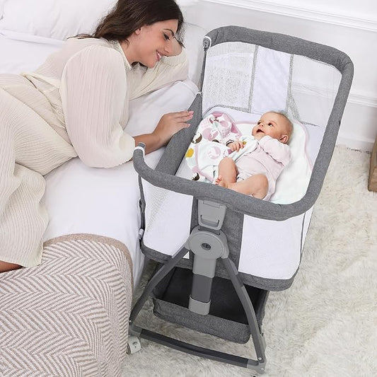 Baby Bassinet Bedside Sleeper, 3 in 1 Baby Bassinet Bedside, Arms Reach Co Sleeper Bassinet with Wheels, Adjustable Height, Storage, Mattress & Canopy, Bed Side Bassinet for Newborn